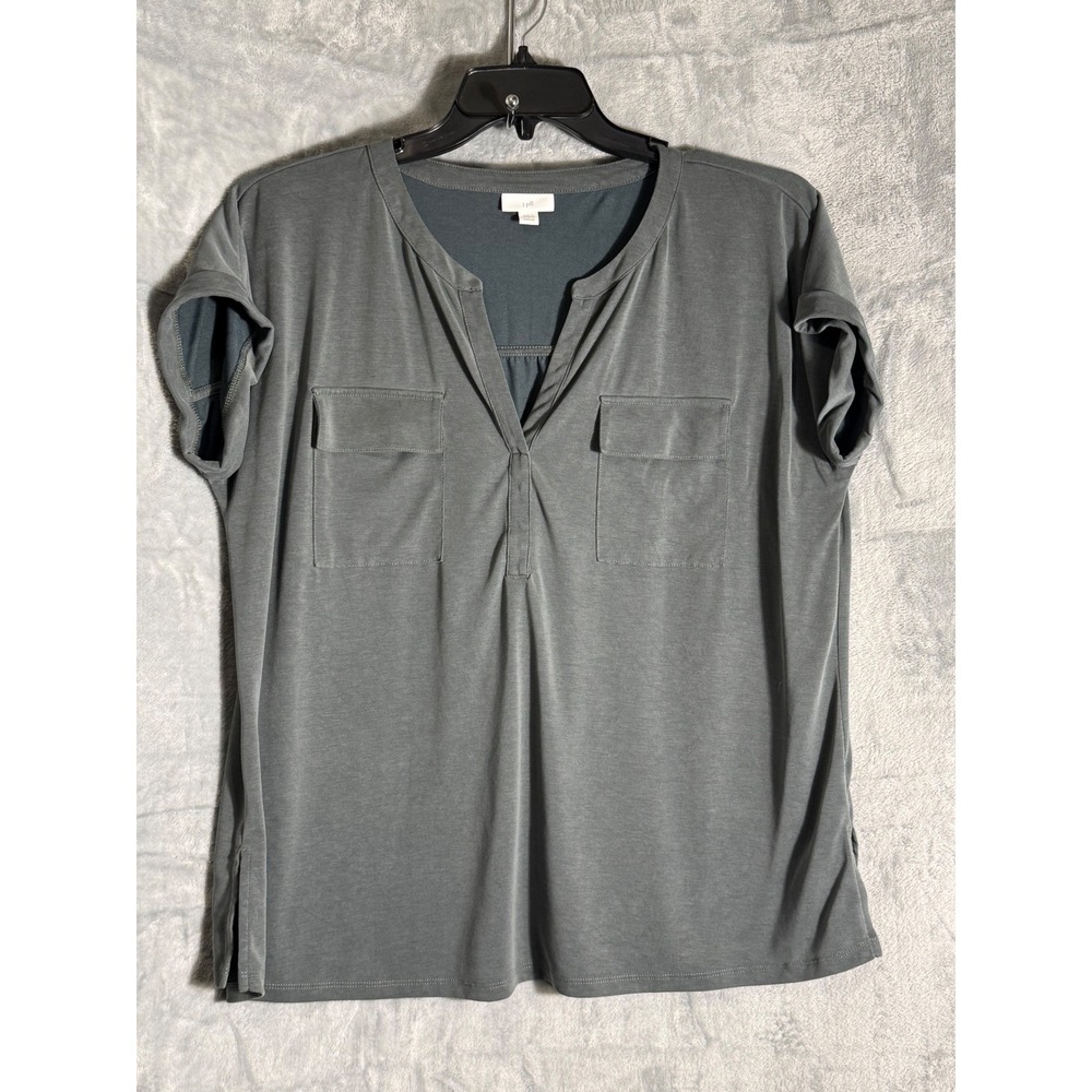 J. Jill Womens Green Short Sleeve Split V-Neck Pocket Top Size L Regular